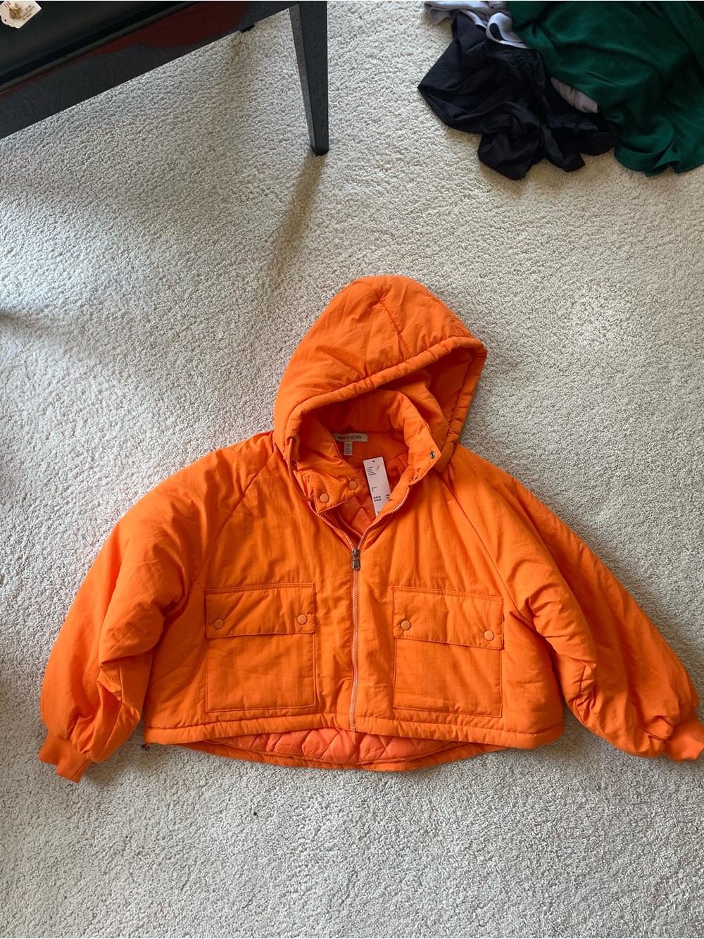 UO Cropped Hooded Puffer Jacket — Bright Orange